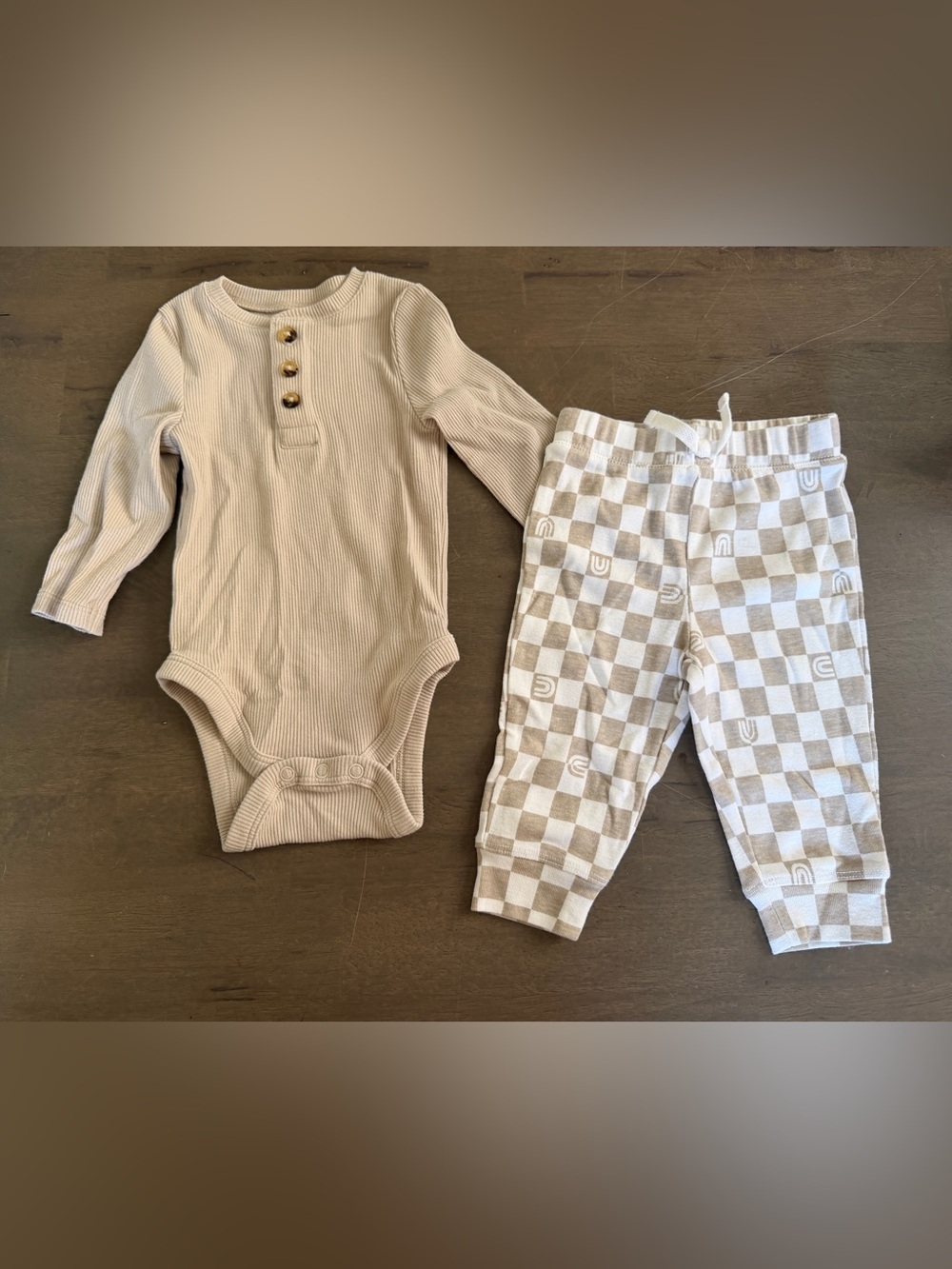 Jumping Beans 2pc Cream Tan Ribbed Long-Sleeve Bodysuit Boho Check Stretch Pants